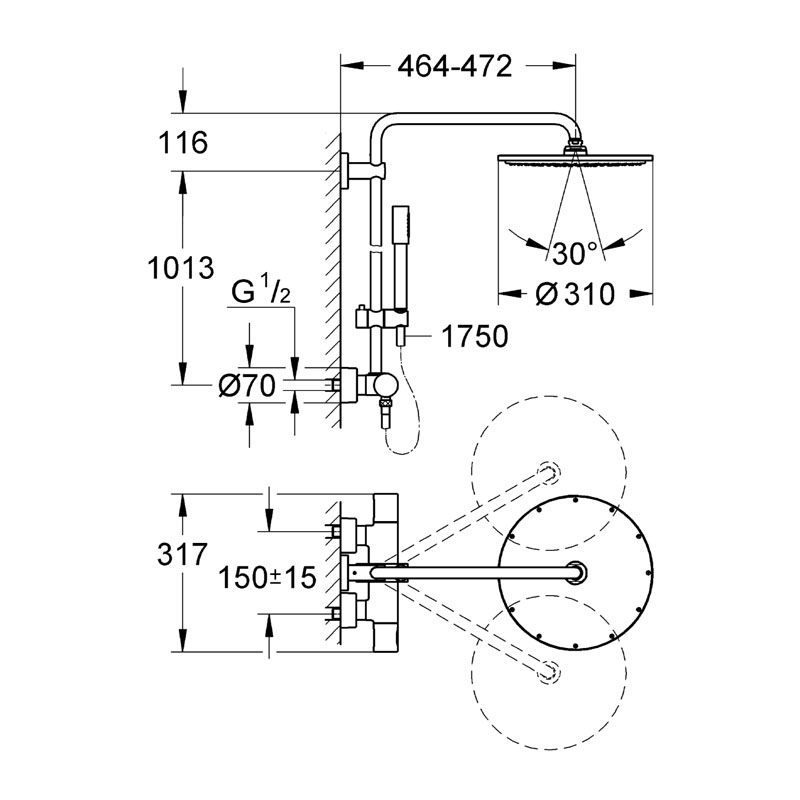 Rainshower system 310 komplet med termostat krom