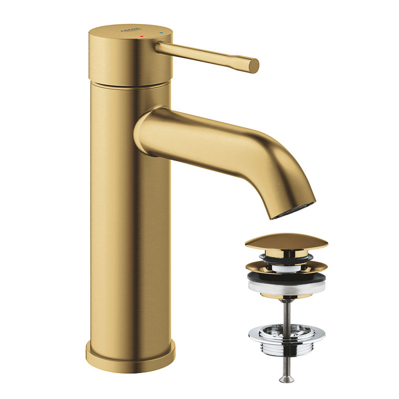 grohe-essence-s-size-haandvaskarmatur-i-boerstet-cool-sunrise-med-Pop-up-bundventil