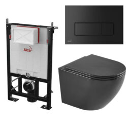 Komplet toiletpakke med mat sort vægtoilet uden skyllekant og soft-close sæde, lav cisterne med mat sort knap