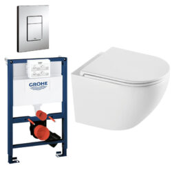 Komplet toiletpakke med Rimless vægtoilet og sæde m/soft-close og quick release, Grohe lav cisterne