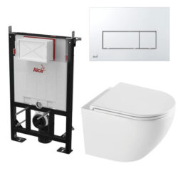 Komplet toiletpakke med Rimless vægtoilet, sæde m/soft-close og lav Alca cisterne m/blank krom knap