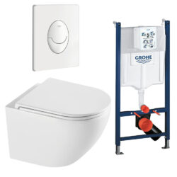 Komplet toiletpakke med væghængt toilet uden skyllekant og soft close sæde, Grohe cisterne med hvid knap