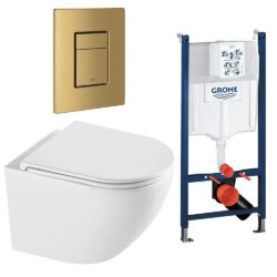 Komplet toiletpakke med Rimless vægtoilet og Soft Close sæde, Grohe cisterne med messing knap