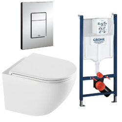 Komplet toiletpakke med Rimless vægtoilet og Soft Close sæde, Grohe cisterne med krom knap