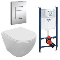Komplet toiletpakke med Aqua Flush u/skyllekant og soft close sæde m/quick release, Grohe cisterne med krom knap