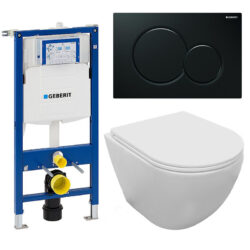Komplet toiletpakke med Aqua flush, vægtoilet og Soft Close sæde i hvid, Geberit cisterne og sort trykknap