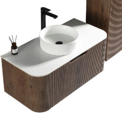 Badeværelsesmøbel Isle Brown Oak 79,5x48x39 cm med 1 skuffe og Solid Surface bordplade