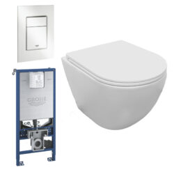 Komplet toiletpakke m/væghængt toilet med Aqua flush, sæde m/soft-close, Grohe SLX cisterne og hvid tryk