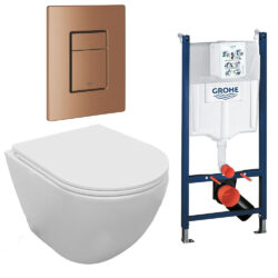 Komplet toiletpakke med Aqua flush, vægtoilet og Soft Close sæde, Grohe cisterne med børstet warm sunset knap