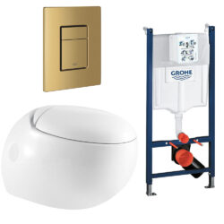 Komplet toiletpakke med Skagen vægtoilet og Soft Close sæde, Grohe cisterne med messing knap