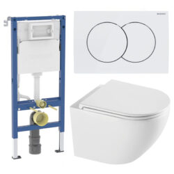 Komplet toiletpakke med Rimless vægtoilet i hvid med soft close sæde m/quick release og Geberit cisterne