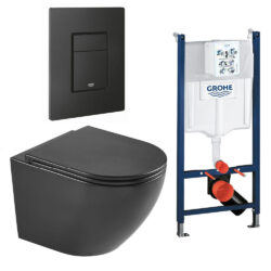 Komplet toiletpakke med Rimless vægtoilet i mat sort og Soft Close sæde, Grohe cisterne med mat sort knap