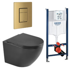 Komplet toiletpakke med Rimless vægtoilet i mat sort og Soft Close sæde, Grohe cisterne med messing knap