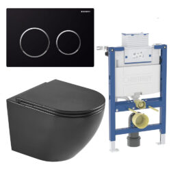 Komplet toiletpakke med Rimless vægtoilet i mat sort og Soft Close sæde, lav Geberit cisterne med mat sort knap