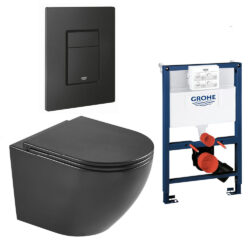 Komplet toiletpakke med Rimless vægtoilet i mat sort og Soft Close sæde, lav Grohe cisterne med mat sort knap