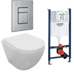 Komplet toiletpakke med Aqua flush, vægtoilet og Soft Close sæde, Grohe cisterne med knap i supersteel