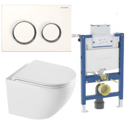 Komplet toiletpakke med Rimless vægtoilet i hvid og Soft Close sæde, lav Geberit cisterne med hvid knap