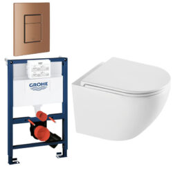 Komplet toiletpakke med Rimless vægtoilet og Soft Close sæde og lav Grohe cisterne med børstet warm sunset knap