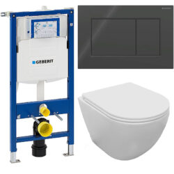 Komplet toiletpakke med Aqua flush, vægtoilet og Soft Close sæde, Geberit cisterne med sort square trykknap
