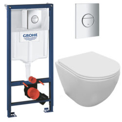 Komplet toiletpakke med Aqua flush vægtoilet, toiletsæde med softclose og Grohe cisterne