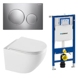 Komplet toiletpakke med Rimless vægtoilet i hvid og Soft Close sæde, høj Geberit cisterne med krom knap