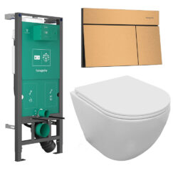 Komplet toiletpakke med Aqua flush vægtoilet, toiletsæde og Hansgrohe cisterne med trykknap i børstet bronze