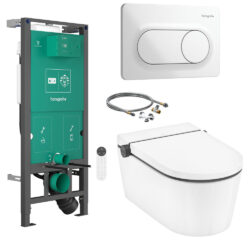 Komplet toiletpakke med Hansgrohe væghængt douchetoilet, høj Hansgrohe cisterne med hvid knap
