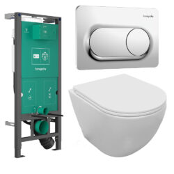 Komplet toiletpakke med Aqua flush vægtoilet, toiletsæde og Hansgrohe cisterne med trykknap i krom
