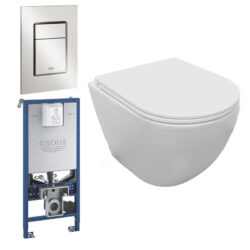 Komplet toiletpakke m/væghængt toilet med Aqua flush, sæde m/soft-close og Grohe SLX cisterne med tryk i supersteel