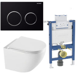 Komplet toiletpakke med Rimless vægtoilet i hvid og Soft Close sæde, lav Geberit cisterne med sort knap