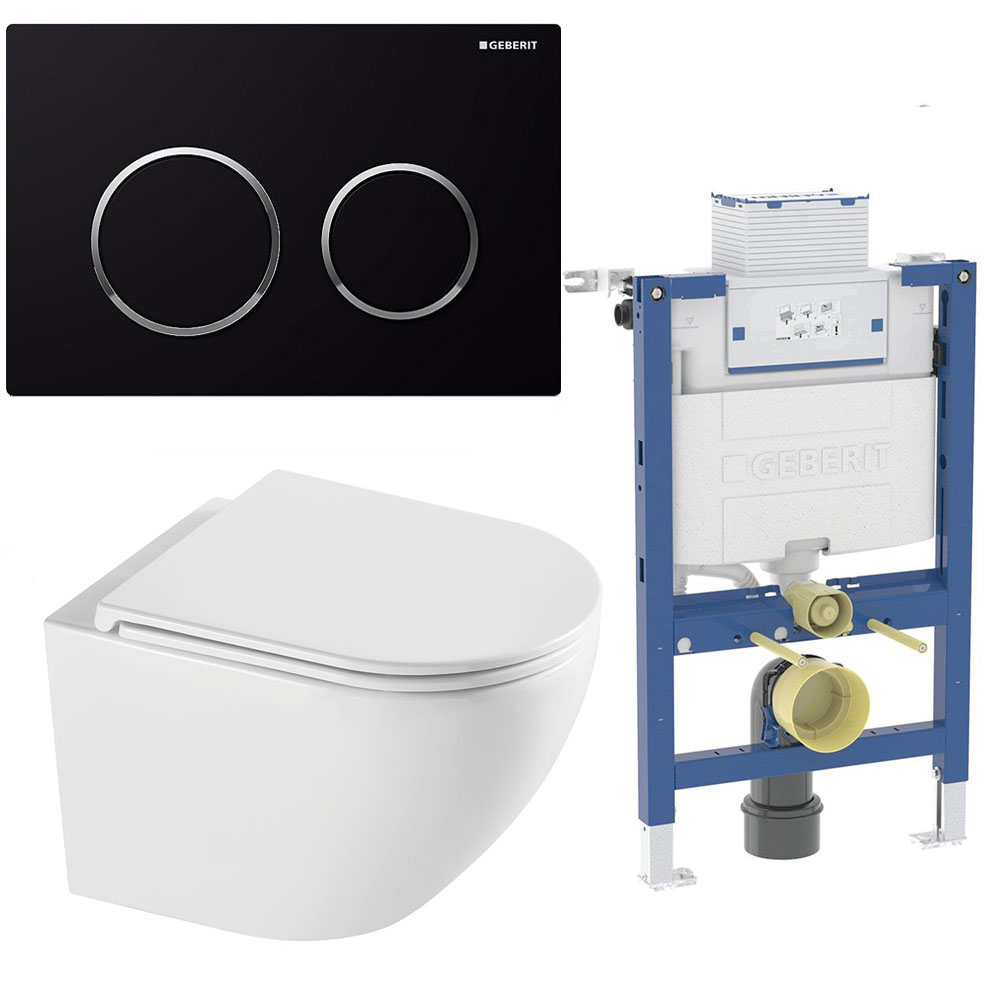 komplet-toiletpakke-med-rimless-vaegtoilet-i-hvid-og-soft-close-saede-lav-geberit-cisterne-med-sort-knap