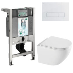 Toiletpakke med Rimless vægtoilet i hvid og Soft Close sæde, MEPA 85 cisterne og hvidt tryk